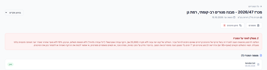 סינון מכרז מקדים בפטרה, עם המלצת הגשה וחשיפה כספית
