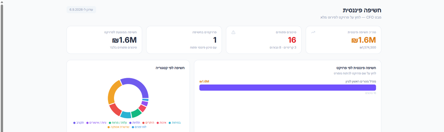 מסך חשיפה פיננסית בפטרה עם חשיפה כוללת, פילוח לפי קטגוריה וגרף פרויקטים