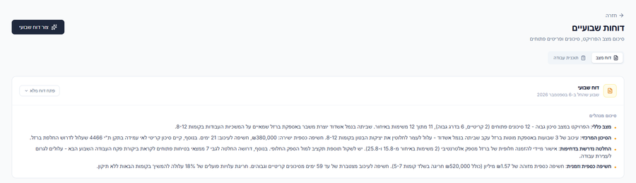 דוח שבועי אוטומטי בפטרה עם תקציר מצב, סיכונים ותוכנית עבודה