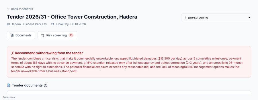 Petra tender pre-screening with a bid recommendation and financial exposure