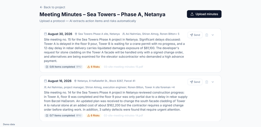Meeting minutes uploaded to Petra, with decisions and risks extracted automatically