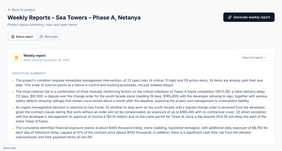 Petra automatic weekly report with a status summary, risks and a work plan